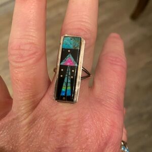 Turquoise and Black Inlay Geometric Sterling Ring